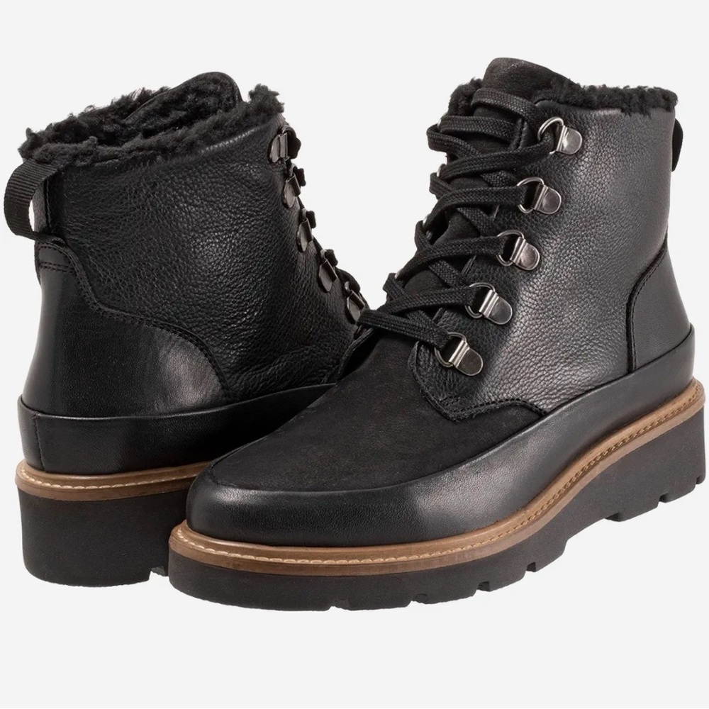 SoftWalk Whitney Black Lace-Up Faux Fur Ankle Boots with Tan Trim